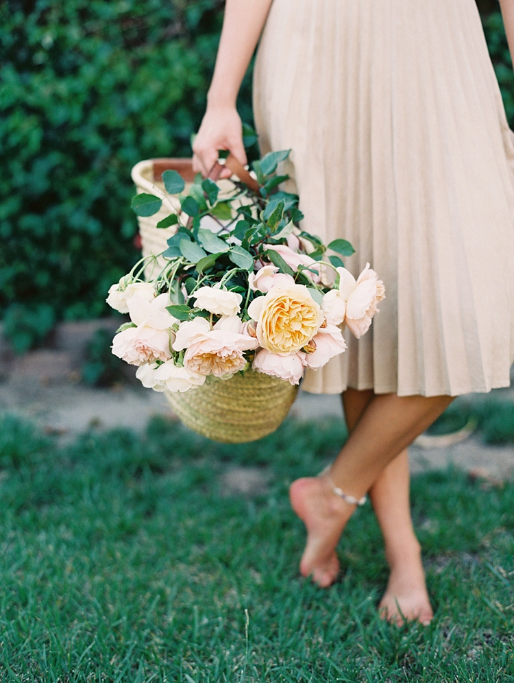 garden roses in straw basket