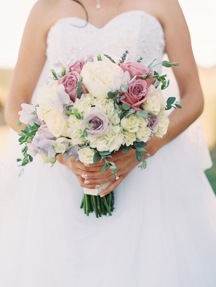 white and purple bouquet