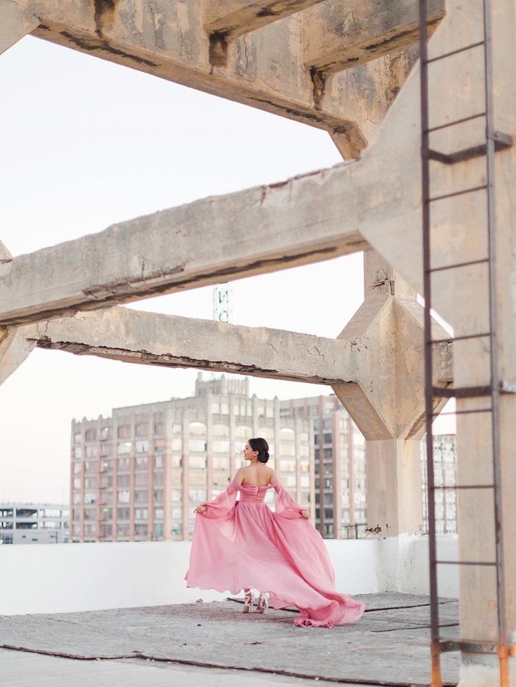 pink flowly dress engagement shoot